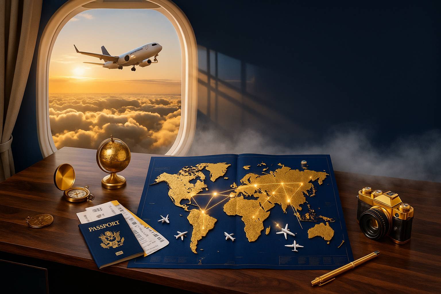mapa mundial dorado con rutas aéreas sobre mesa de viaje junto a pasaporte, cámara y ventana de avión con aeronave despegando al amanecer - Arrastia Travel LLC